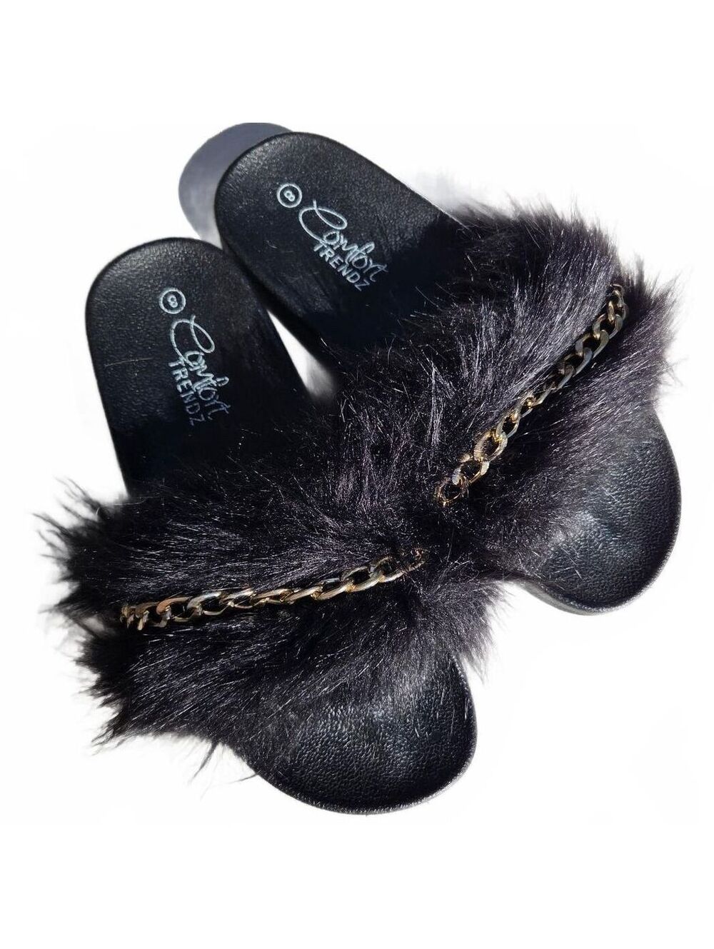 Y2K McBling Fuzzy Black Furry Slides Sandals Grunge Women's Size 8